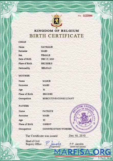 Blank Belgium vital record birth certificate PSD template